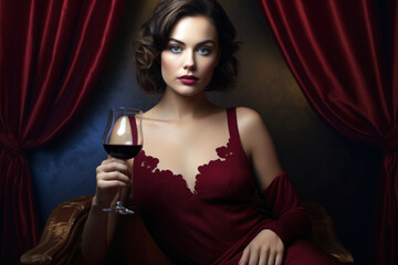 woman in a rich maroon blouse holds a glass of red wine