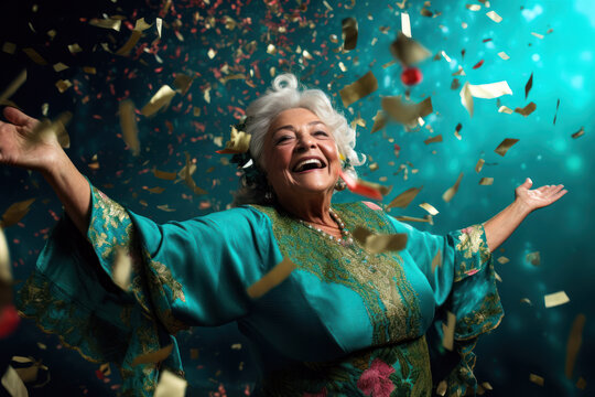 older woman in a teal-blue kaftan stands amidst a burst of confetti