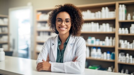 Friendly pharmacist woman standing behind the counter of a pharmacy. Generative AI