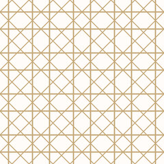 Golden square grid vector seamless pattern. Abstract linear geometric texture with thin diagonal, vertical and horizontal crossing lines, mesh, lattice, grill. Simple minimal gold and white background
