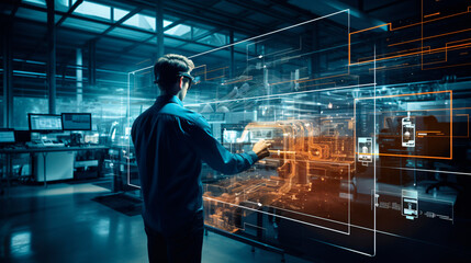 Fototapeta premium Industry 4.0 in action within a smart factory with machinery, and robotics in a futuristic industrial setting. Innovation, engineering, and interconnected systems. Generative AI