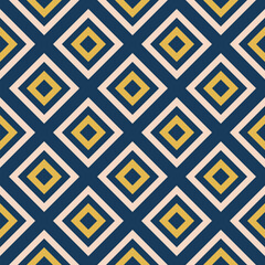 Vector geometric seamless pattern with squares, rhombuses, grid. Abstract graphic ornament in navy blue, yellow and beige color. Retro style checkered background. Simple elegant repeated texture