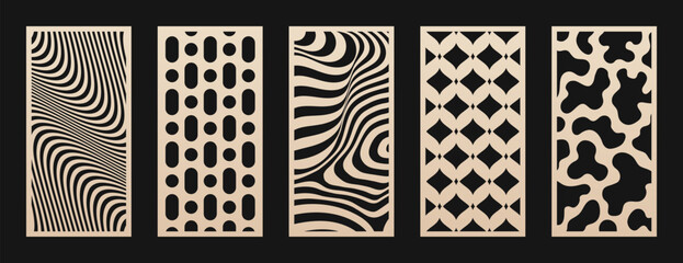 Decorative panels for laser cut, CNC cutting. Cutout silhouette with abstract geometric pattern, wavy lines, organic shapes. Modern vector stencil for cutting of wood, metal, plastic. Aspect ratio 1:2