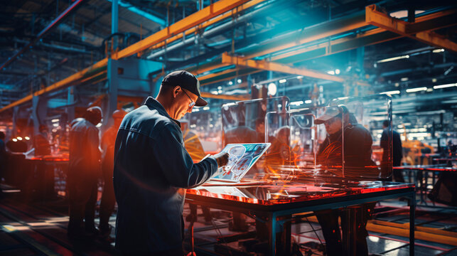  Industry 4.0 in action within a smart factory with machinery, and robotics in a futuristic industrial setting. Innovation, engineering, and interconnected systems. Generative AI