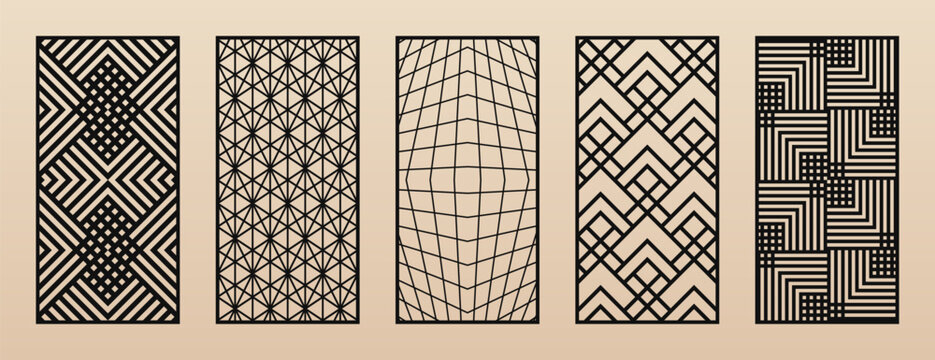 Decorative panels for CNC, laser cutting. Vector set of modern trendy pattern designs with abstract geometric grid, lines, stripes, diamonds, squares. Laser cut patterns collection. Aspect ratio 1:2