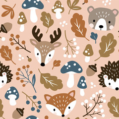 Seamless vector pattern with cute woodland animal heads, mushroom, berry and leaves. Perfect for textile, wallpaper or print design.