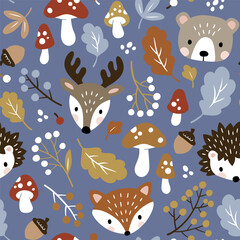 Seamless vector pattern with cute woodland animal heads, mushroom, berry and leaves. Perfect for textile, wallpaper or print design.
