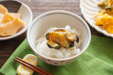 ご飯に乗せた茄子のわさび和え