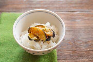 ご飯に乗せた茄子のわさび和え