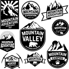 Hiking, mountains exploration labels and emblems. Vector illustration.