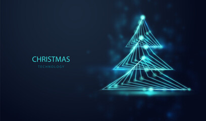 Christmas technology tree in network digital electronic concept. Particles futuristic holiday circuit science blue neon vector background. - 644545983