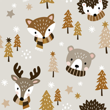 Seamless vector pattern with cute woodland animal heads and snowy Christmas trees. Perfect for textile, wallpaper or print design.