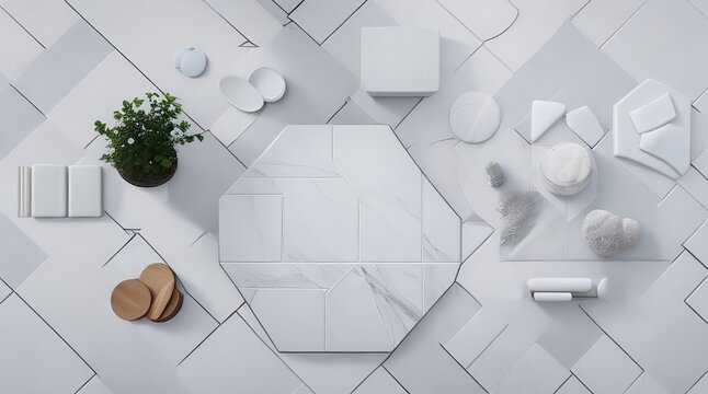 Interior design and home decoration - different shapes of white ceramic and gres tiles. Designer choosing bathroom or kitchen renovation materials. Captured from above (top view, flat lay).