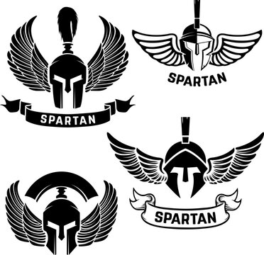 Set of the spartan helmets with wings. Design elements for logo, label, emblem, sign, brand mark. Vector illustration.