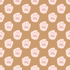 Seamless geometric pattern with cat paw on pink background. Vector print for fabric background, textile