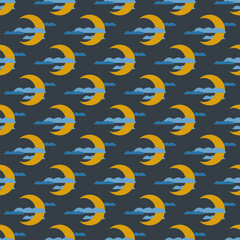 Seamless geometric pattern with golden moon and clouds on dark blue background. Vector print for fabric background, textile