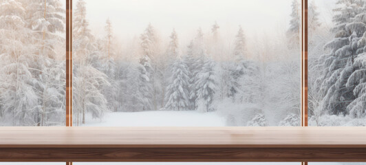  Empty wooden table with a modern large glass window in a snow-covered forest in the background with copy space, blank for text ads, and graphic design..