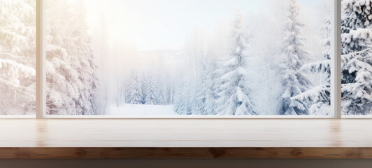  Empty wooden table with a modern large glass window in a snow-covered forest in the background with copy space, blank for text ads, and graphic design.