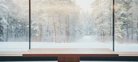  Empty wooden table with a modern large glass window in a snow-covered forest in the background with copy space, blank for text ads, and graphic design.