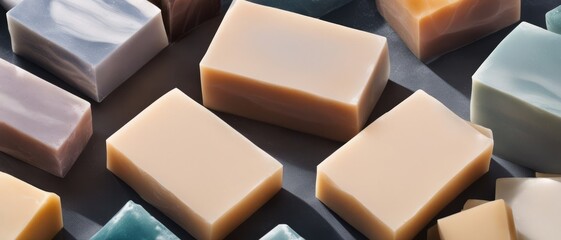 Ecological handmade soaps of different varieties lying on the table top view
