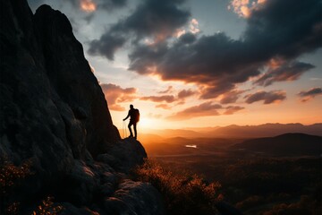 Fototapeta premium A man in his 30s conquers a mountain peak at sunset