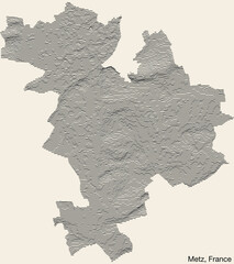 Topographic relief map of the city of METZ, FRANCE with solid contour lines and name tag on vintage background