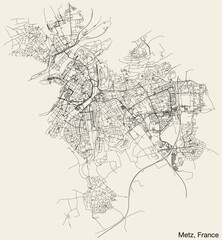 Detailed hand-drawn navigational urban street roads map of the French city of METZ, FRANCE with solid road lines and name tag on vintage background