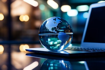 Glass globe and laptop combine in a business concept for a global perspective - obrazy, fototapety, plakaty