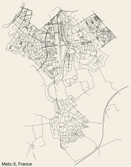 Detailed hand-drawn navigational urban street roads map of the METZ-3 CANTON of the French city of METZ, France with vivid road lines and name tag on solid background