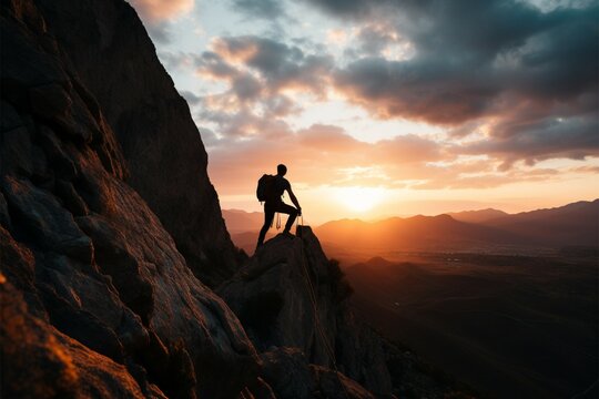 A man in his 30s conquers a mountain peak at sunset