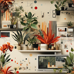Home office with plants abstract stylish repeat pattern collage