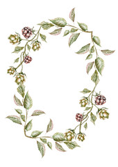 Vintage oval frame with unripe raspberries on branches watercolor