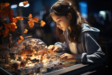 A student interacts with an online 3D model, exploring intricate details and enhancing comprehension of various subjects. Generative AI.