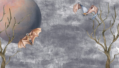 Night dark sky, moon, bat and bare tree horizontal background watercolor illustration. Black, grey clouds, smoke hand drawn. Backdrop mystical element for design scene Halloween, gothic background