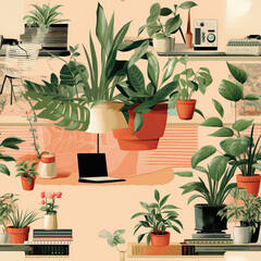 Home office with plants abstract stylish repeat pattern collage