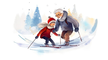 Watercolor drawing of grandfather and granddaughter skiing in winter forest isolated on white background