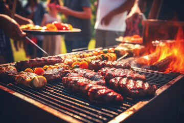 Naklejka premium Meat on the grill and group of people in the background 