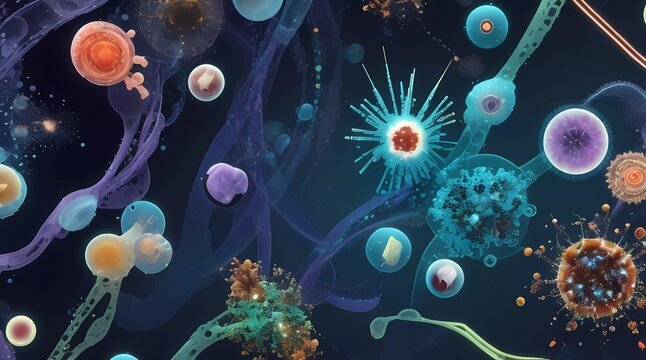 Azul Submarino: Fondo Abstracto de Microscopio Revela la Belleza Oculta de Bacterias y Ciencia en el Mar