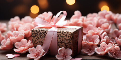 Wunderschöne Geschenke Box mit Blumen in rosa als Hintergrundmotiv im Querformat für Banner, ai generativ