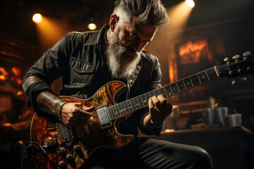 Obraz premium A guitarist strums their instrument, feeling the vibrations of the strings as they express their sensory musical style. Generative AI.