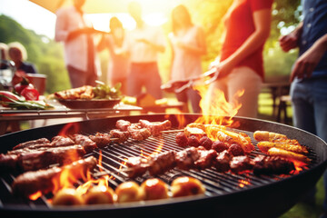 Naklejka premium Group of friends and family having party outdoors. Focus on barbecue grill with food.