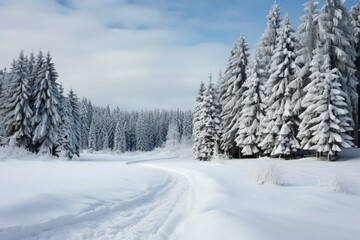 Fototapeta premium Harsh winter scene with snow covered pine trees in the highlands