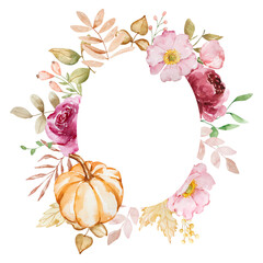 Autumn frame of watercolor pastel pumpkins