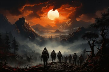 In the fading twilight, soldiers row together, framed by a mountainous sunset