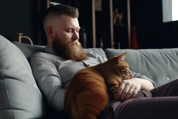 A contented adult male, sitting on a sofa at home, shares a heartwarming moment with his adorable pet cat.