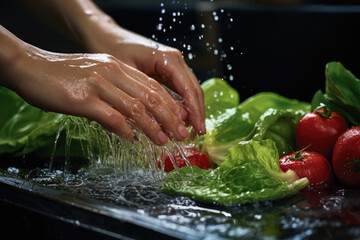 A close-up of a person's hand washing fresh produce under running water, emphasizing food safety and hygiene. Generative Ai.