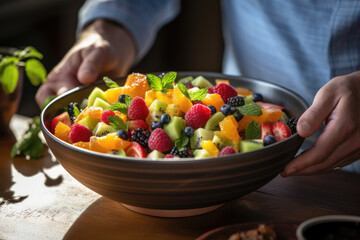 A person savoring a bowl of vibrant fruit salad, demonstrating that healthy eating can be delicious and enjoyable. Generative Ai.