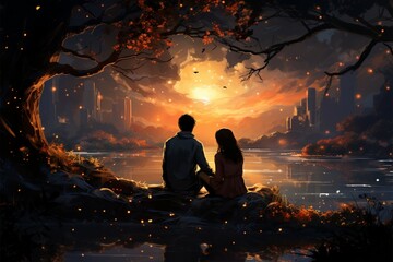 Relaxing together, a young couple enjoys the starry Milky Way