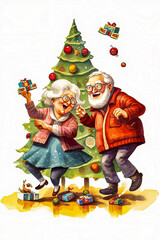 Cheerful grandparents dancing near the Christmas tree with gifts