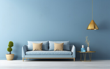 Scandinavian interior of living room concept, light gray sofa with gold lamp on white flooring and blue wall,3d rendering